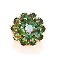 Yellow Gold Diamond Tourmaline Flower Cluster Cocktail Ring - 14k Round 4.68ctw