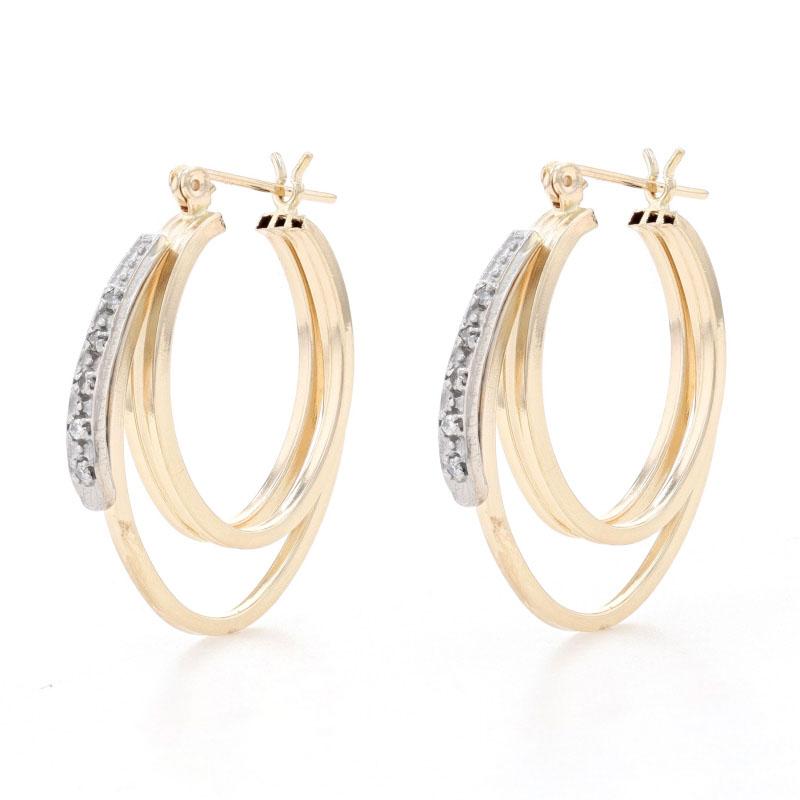 Metal Content: 14k Yellow Gold & 14k White Gold

Stone Information
Natural Diamonds
Total Carat(s): .05ctw
Cut: Single
Color: H - I
Clarity: I1 - I2

Style: Triple Loop Hoop 
Fastening Type: Snap Closure
Features:  Hollow construction for
