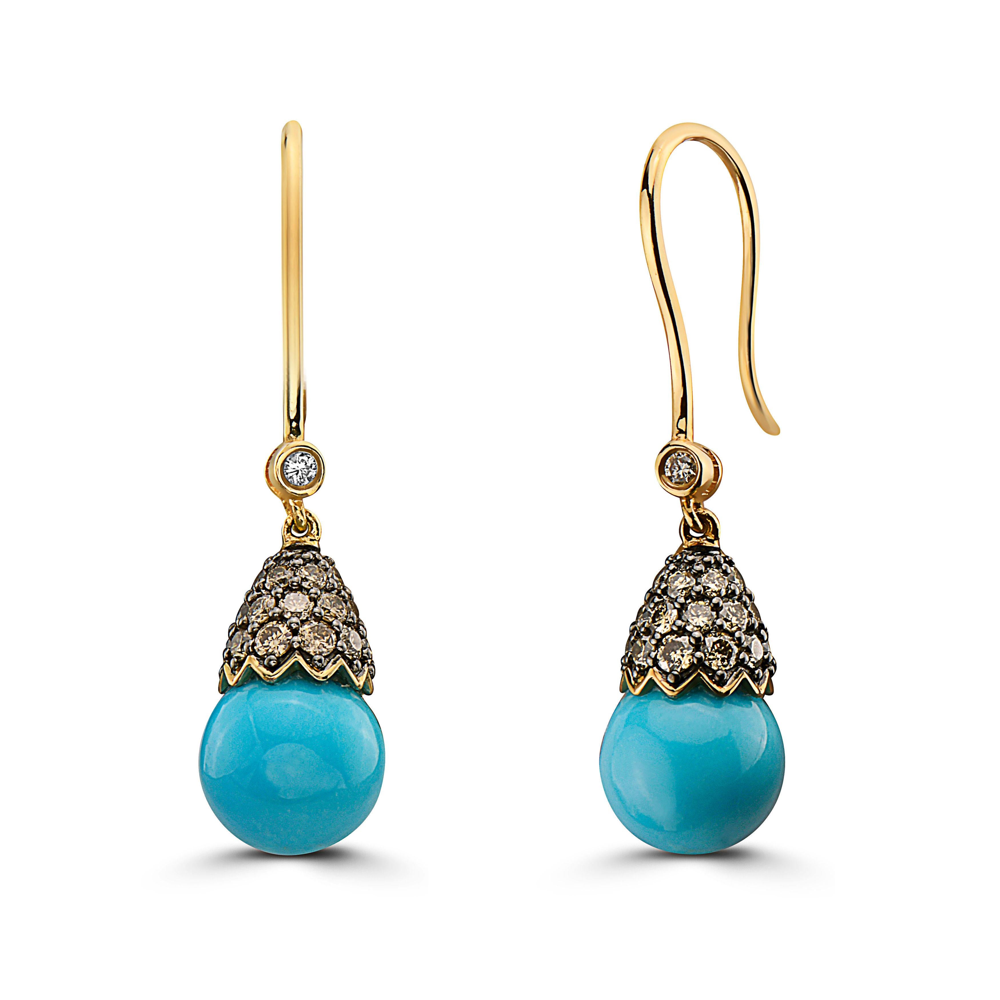 Women's or Men's Yellow Gold Diamond Turquoise Earrings