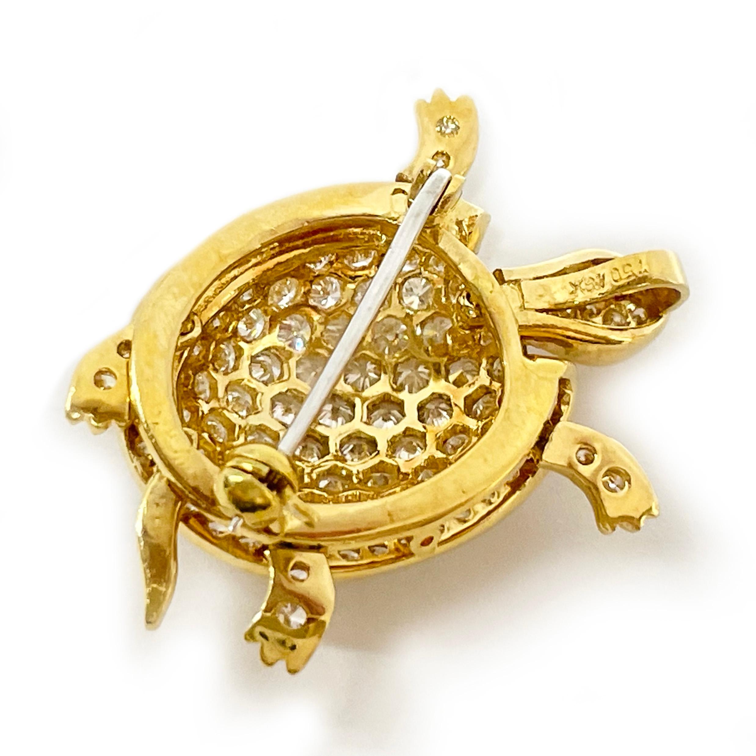Round Cut Yellow Gold Diamond Turtle Pendant/Brooch For Sale