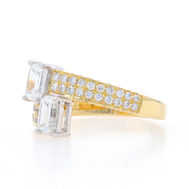 Yellow Gold Diamond Two-Stone Bypass Ring - 18k Emerald Cut 1.82ctw Engagement In New Condition For Sale In Greensboro, NC