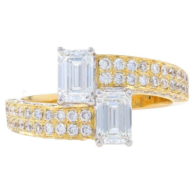 Yellow Gold Diamond Two-Stone Bypass Ring - 18k Emerald Cut 1.82ctw Engagement For Sale