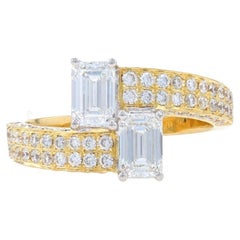 Yellow Gold Diamond Two-Stone Bypass Ring - 18k Emerald Cut 1.82ctw Engagement