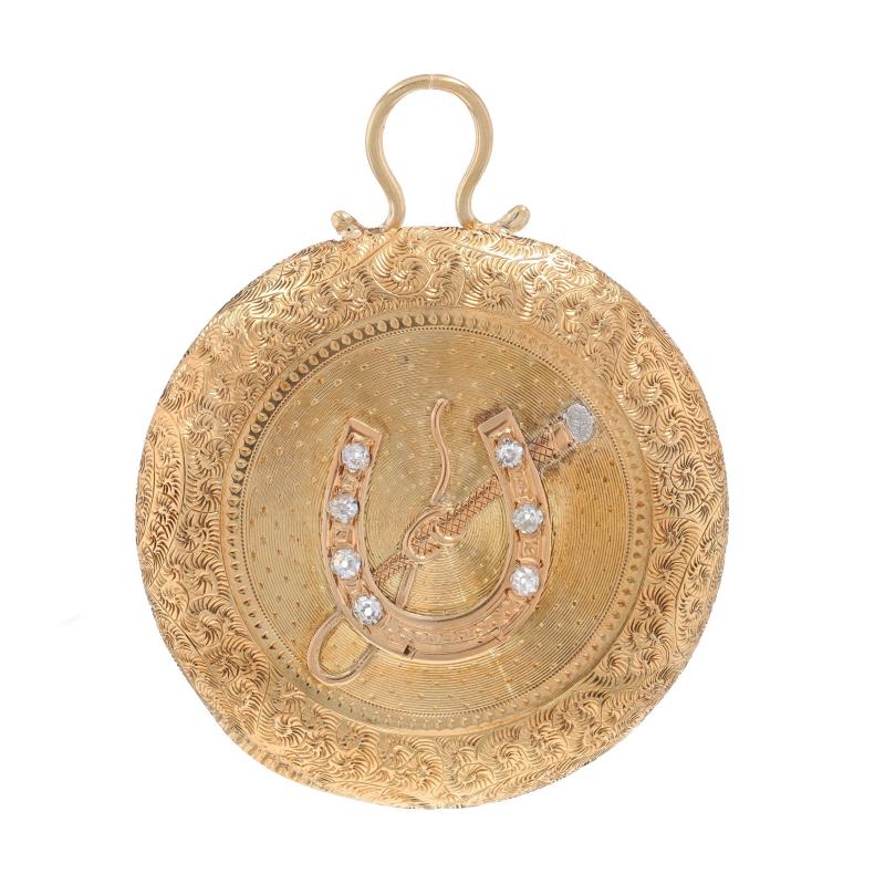 Era: Victorian
Date: 1870s - 1880s

Metal Content: 14k Yellow Gold & 14k White Gold

Stone Information
Natural Diamonds
Carat(s): .21ctw
Cut: Mine
Color: G - H
Clarity: VS - SI

Total Carats: .21ctw

Theme: Equestrian, Horseshoe & Riding