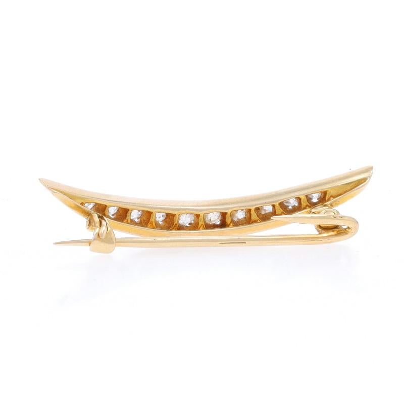 Old Mine Cut Yellow Gold Diamond Victorian Crescent Brooch - 14k Mine .61ctw Antique Moon Pin For Sale