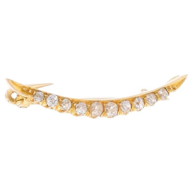 Yellow Gold Diamond Victorian Crescent Brooch - 14k Mine .61ctw Antique Moon Pin For Sale