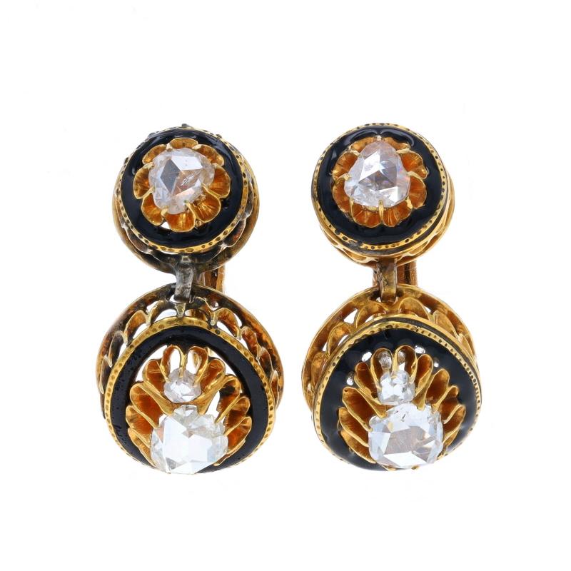 Era: Victorian
Date: 1860s - 1870s

Metal Content: 14k Yellow Gold

Stone Information
Natural Diamonds
Carat(s): 1.10ctw
Cut: Rose
Color: F - G
Clarity: SI1 - I1

Total Carats: 1.10ctw

Material Information
Enamel
Color: Black

Style: