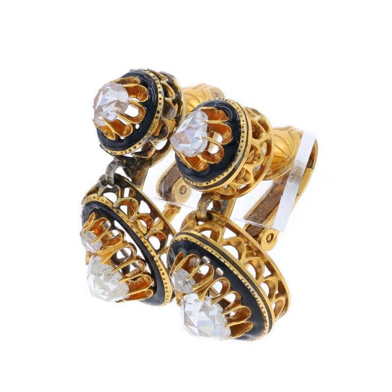 Rose Cut Yellow Gold Diamond Victorian Dangle Earrings -14k Rose 1.10ctw Antique Clip-Ons For Sale