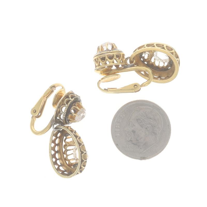 Women's Yellow Gold Diamond Victorian Dangle Earrings -14k Rose 1.10ctw Antique Clip-Ons For Sale