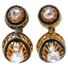 Yellow Gold Diamond Victorian Dangle Earrings -14k Rose 1.10ctw Antique Clip-Ons
