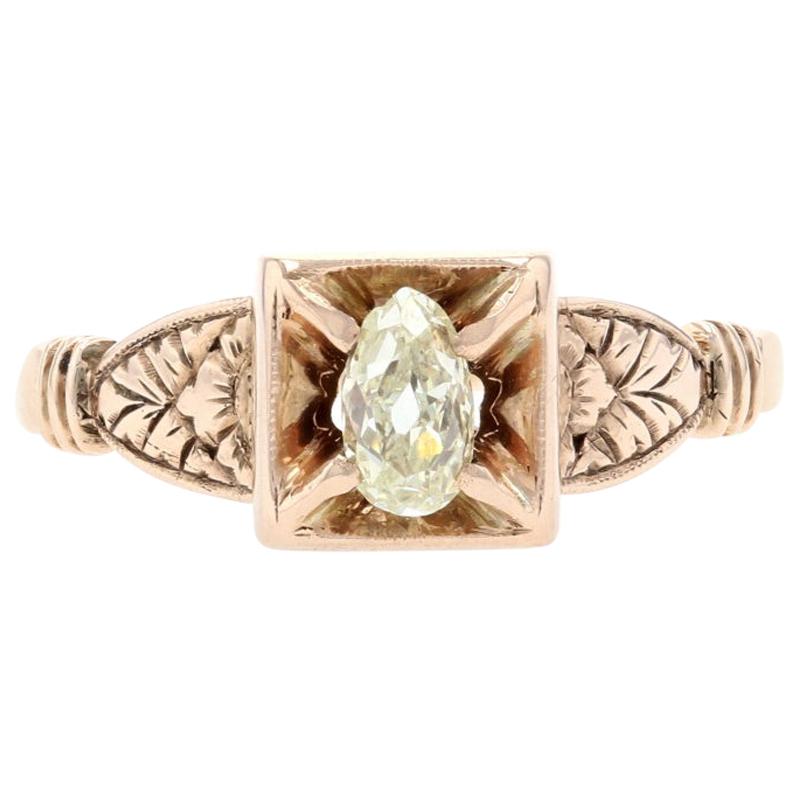Yellow Gold Diamond Victorian Ring, 10 Karat Old Mine Pear .32 Carat Antique