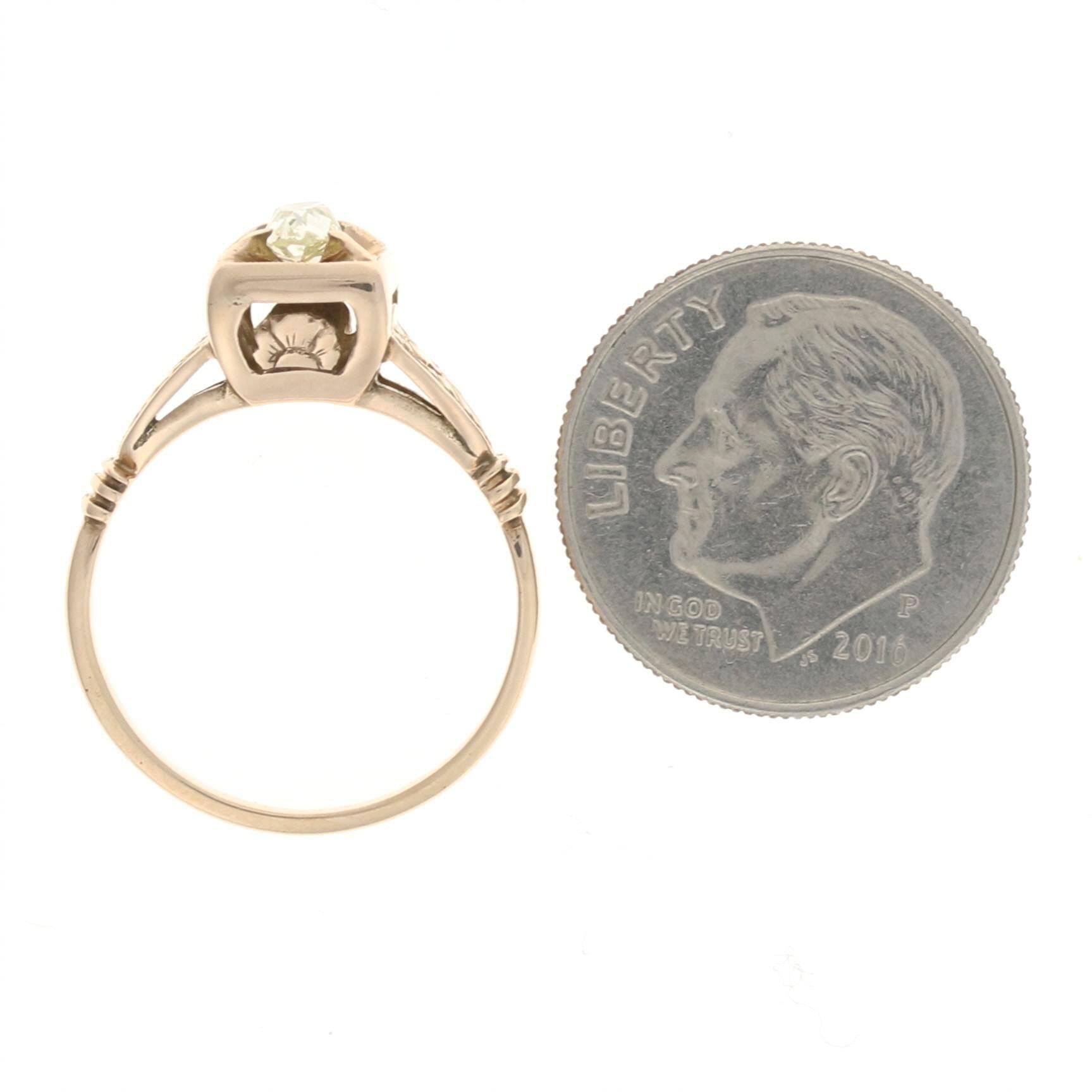 Women's Yellow Gold Diamond Victorian Ring, 10 Karat Old Mine Pear .32 Carat Antique