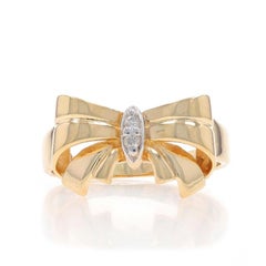 Yellow Gold Diamond Vintage Bow Ring - 10k Round Brilliant Tied Ribbon Two-Stone