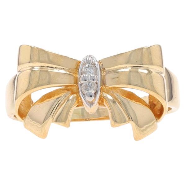 Yellow Gold Diamond Vintage Bow Ring - 10k Round Brilliant Tied Ribbon Two-Stone For Sale