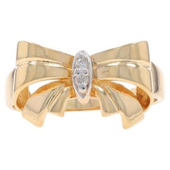 Yellow Gold Diamond Vintage Bow Ring - 10k Round Brilliant Tied Ribbon Two-Stone