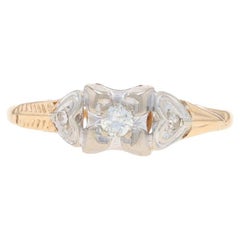 Yellow Gold Diamond Vintage Engagement Ring - 14k European Cut Heart Duo & Arrow