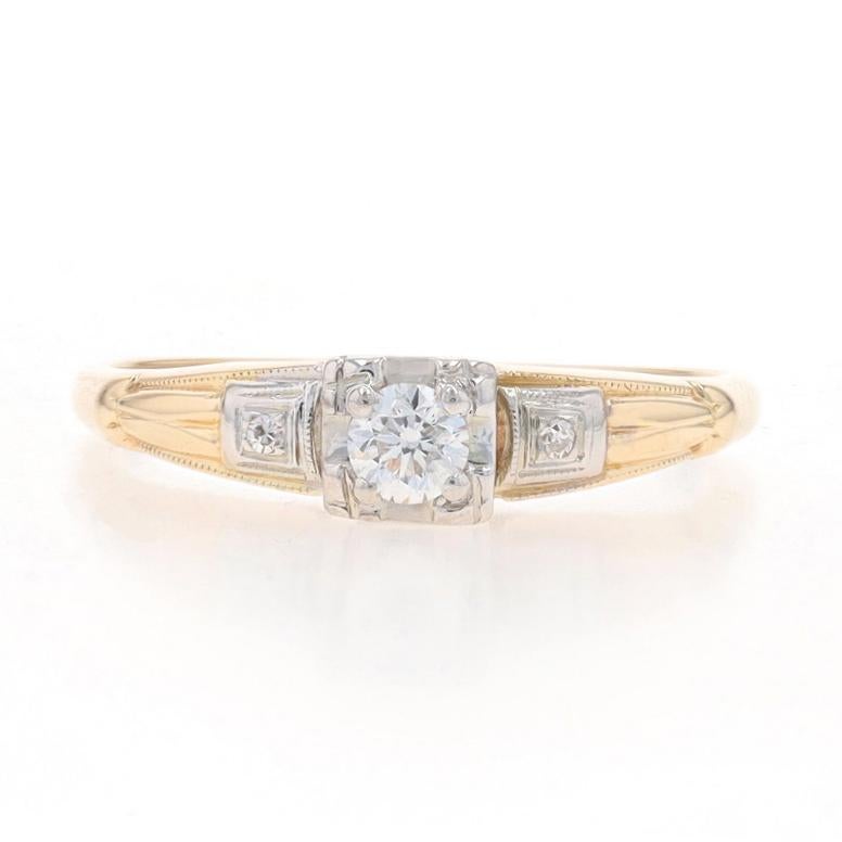 Size: 6 1/2
Sizing Fee: Up 2 1/2 sizes for $35 or Down 1 1/2 sizes for $30

Era: Vintage

Metal Content: 14k Yellow Gold & 14k White Gold

Stone Information

Natural Diamond
Carat(s): .15ct
Cut: Round Brilliant
Color: F
Clarity: SI2

Natural