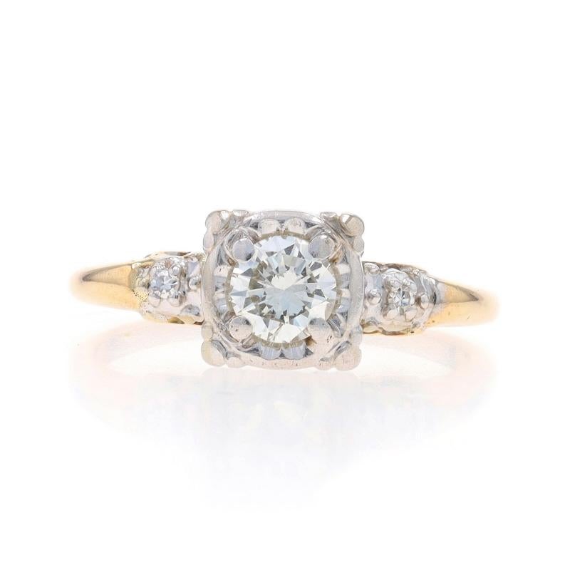 Size: 7 1/2
Sizing Fee: Up 3 sizes for $35 or Down 1 size for $25

Era: Vintage

Metal Content: 14k Yellow Gold & 14k White Gold

Stone Information

Natural Diamond
Carat(s): .45ct
Cut: Round Brilliant
Color: I
Clarity: VS1
Stone Note: