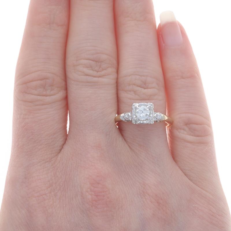 Round Cut Yellow Gold Diamond Vintage Engagement Ring - 14k Round Brilliant .48ctw Floral For Sale