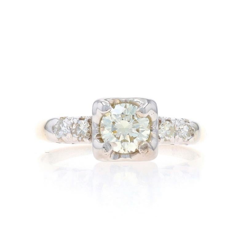 Size: 5 1/4
Sizing Fee: Up 2 sizes for $35 or Down 1 size for $35

Era: Vintage

Metal Content: 14k Yellow Gold & 14k White Gold

Stone Information

Natural Diamond
Carat(s): .50ct
Cut: Round Brilliant
Color: O - P Light Yellow
Clarity: VS1

Natural
