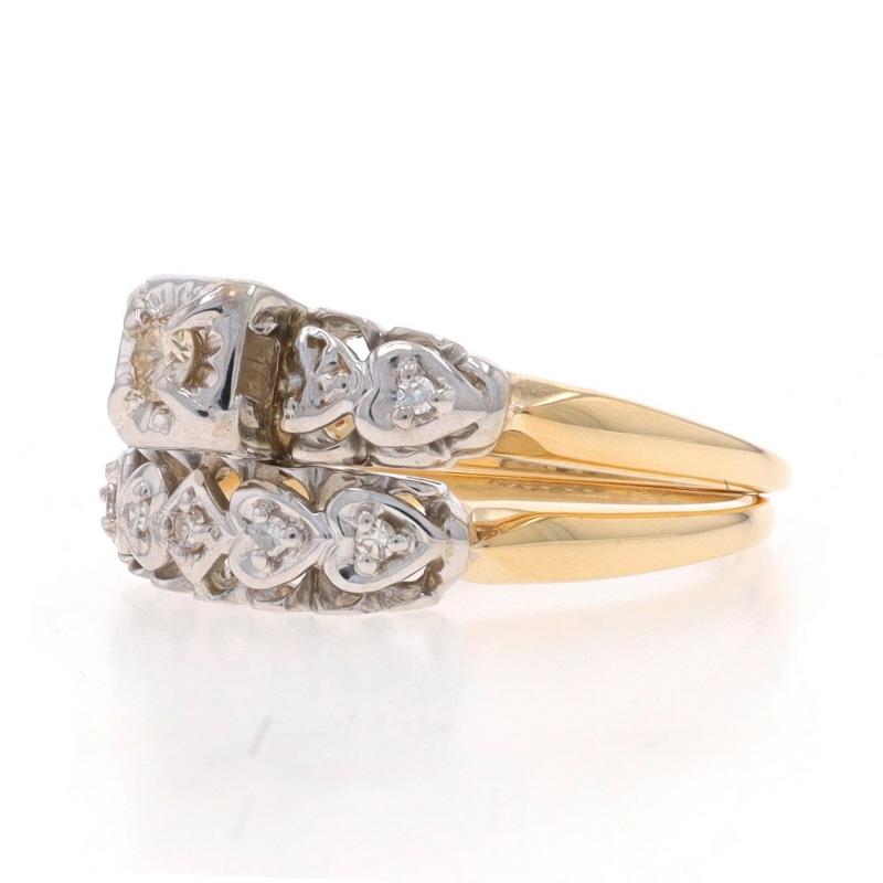 Women's Yellow Gold Diamond Vintage Engagement Ring & Wedding Band - 14k .16ctw Heart For Sale