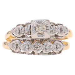 Yellow Gold Diamond Vintage Engagement Ring & Wedding Band - 14k .16ctw Heart
