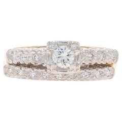 Yellow Gold Diamond Vintage Engagement Ring & Wedding Band - 14k Round .31ctw
