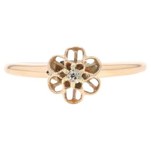Yellow Gold Diamond Vintage Flower Solitaire Ring 14k Single Engagement Promise For Sale