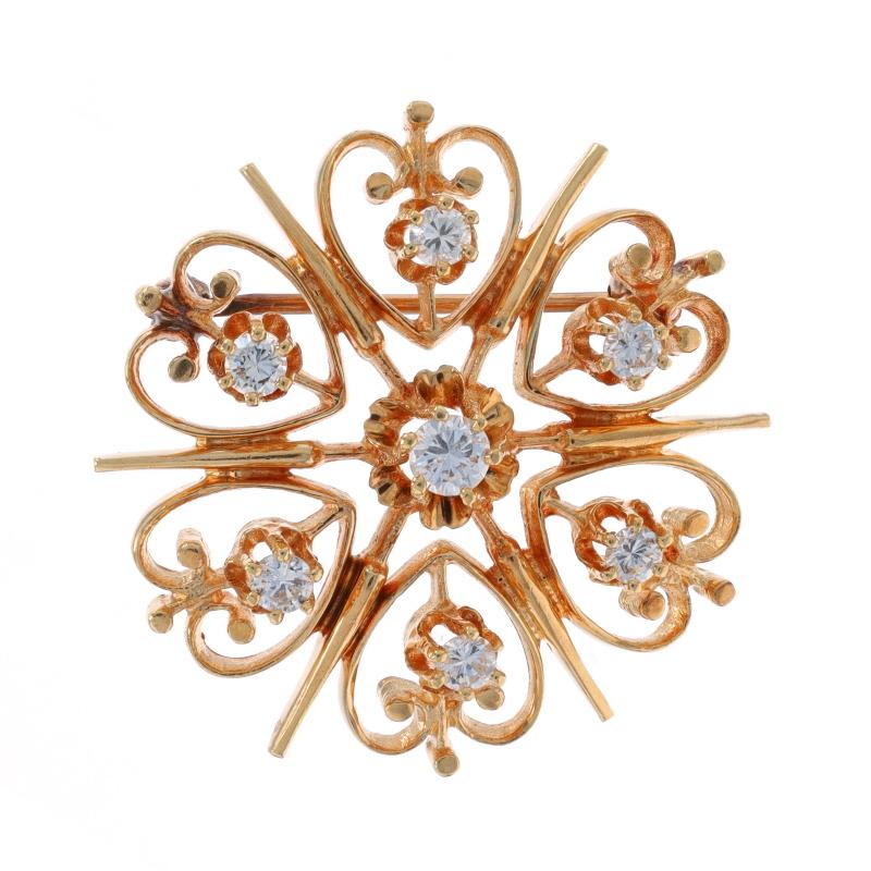 Era: Vintage

Metal Content: 14k Yellow Gold

Stone Information

Natural Diamonds
Carat(s): .48ctw
Cut: Round Brilliant
Color: G - H
Clarity: SI

Total Carats: 0.48ctw

Style: Brooch
Fastening Type: Hinged Pin and Whale Tail Bullet Clasp
Theme: