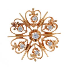 Yellow Gold Diamond Vintage Heart Flower Brooch - 14k Round Brilliant .48ctw Pin