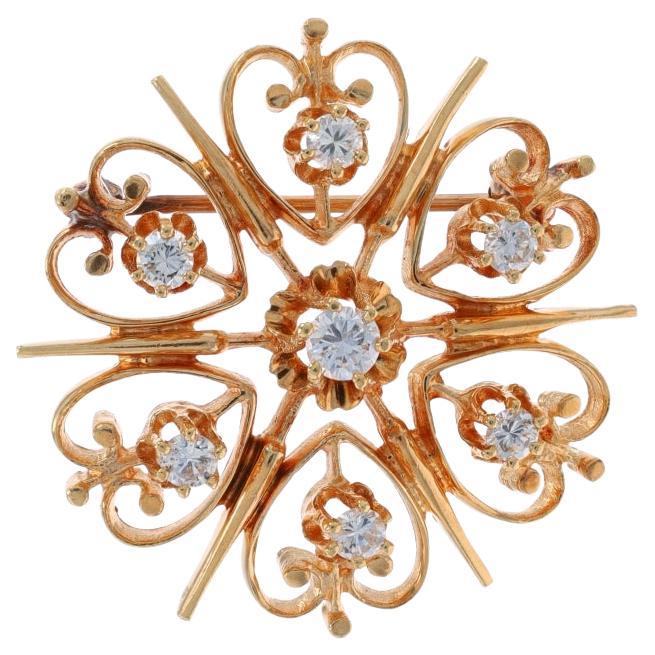 Yellow Gold Diamond Vintage Heart Flower Brooch - 14k Round Brilliant .48ctw Pin