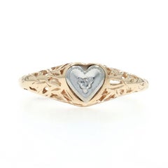 Yellow Gold Diamond Vintage Heart Solitaire Ring - 10k Round Brilliant Love