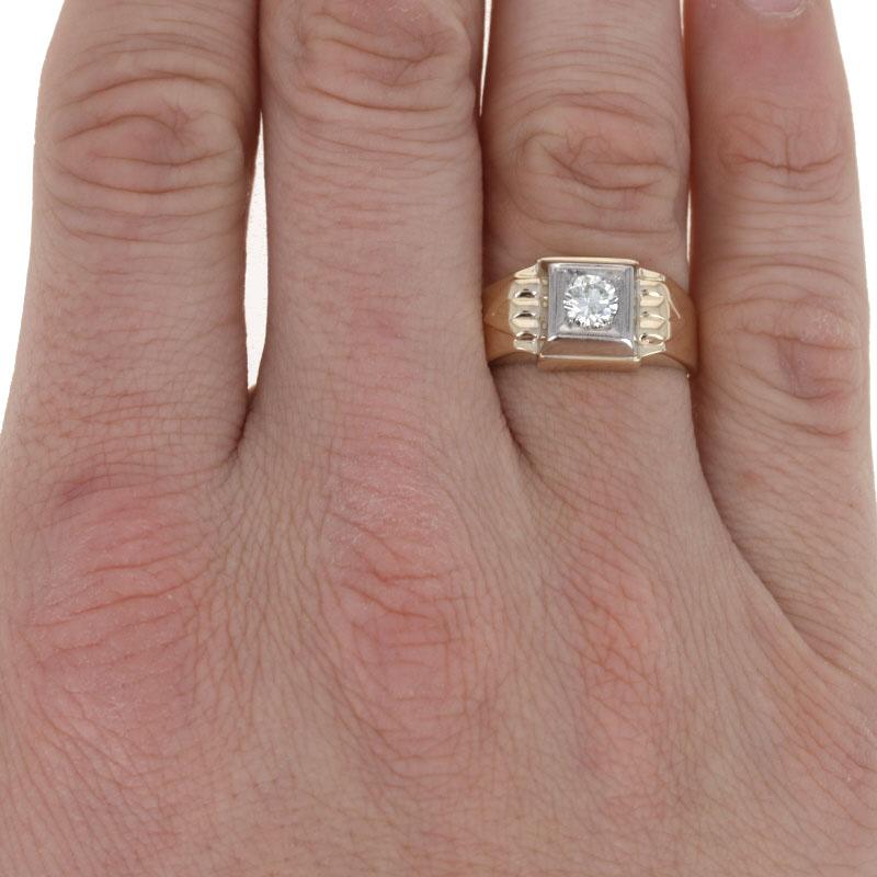 Size: 10
Sizing Fee: Down 2 for $50 or up 2 for $60

Era: Vintage

Metal Content: 14k Yellow Gold & 14k White Gold

Stone Information

Natural Diamond

Carat(s): .55ct
Cut: Round Brilliant 
Color: N
Clarity: SI2

Style:  Solitaire
Features:  Ribbed