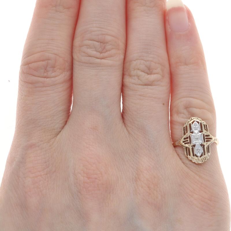 Yellow Gold Diamond Vintage Ring - 10k Single Cut Three-Stone Milgrain Filigree In Excellent Condition In Greensboro, NC