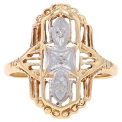 Yellow Gold Diamond Vintage Ring - 10k Single Cut Three-Stone Milgrain Filigree
