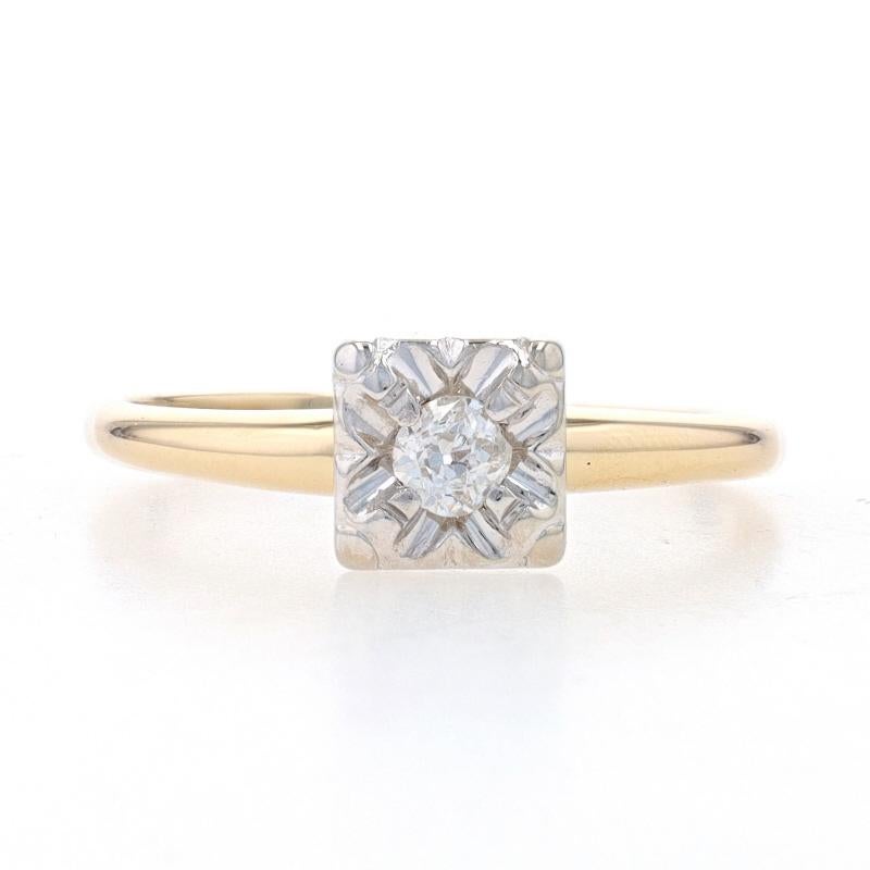 Size: 8
Sizing Fee: Up 2 sizes for $35 or Down 4 sizes for $30

Era: Vintage

Metal Content: 14k Yellow Gold & 14k White Gold

Stone Information
Natural Diamond
Carat(s): .16ct
Cut: Mine
Color: H
Clarity: SI1

Total Carats: .16ct

Style: