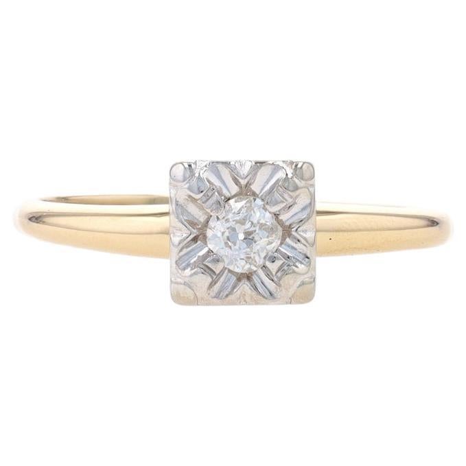 Yellow Gold Diamond Vintage Solitaire Engagement Ring - 14k Mine Cut .16ct For Sale