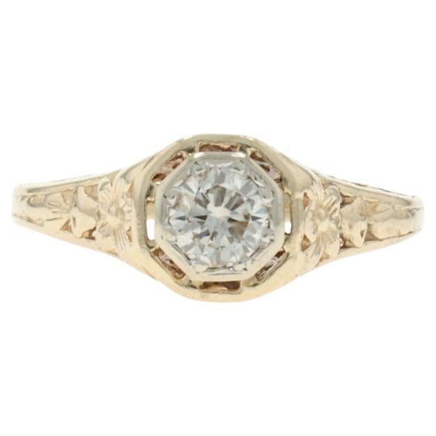 Yellow Gold Diamond Vintage Solitaire Engagement Ring 14k Round .33ct Floral