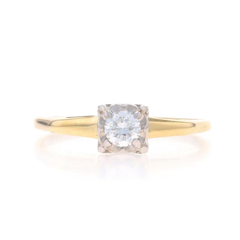 Size: 8 1/2
Sizing Fee: Up 2 sizes for $40 or Down 2 sizes for $40

Era: Vintage

Metal Content: 14k Yellow Gold & 14k White Gold

Stone Information

Natural Diamond
Carat(s): .20ct
Cut: Round Brilliant
Color: H
Clarity: VS1

Total Carats: