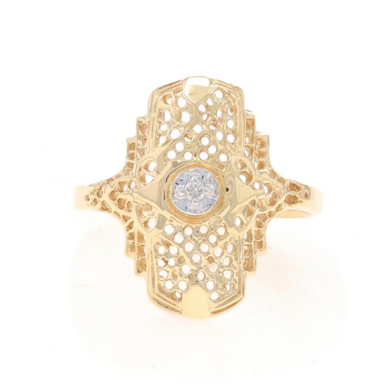 Size: 8
Sizing Fee: Up 2 sizes for $40 or Down 1 size for $30

Era: Vintage

Metal Content: 10k Yellow Gold & 10k White Gold

Stone Information

Natural Diamond
Carat(s): .02ct
Cut: Round Brilliant
Color: J
Clarity: SI1

Style: Solitaire
Features:
