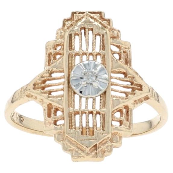 Yellow Gold Diamond Vintage Solitaire Ring - 10k Single Cut Filigree