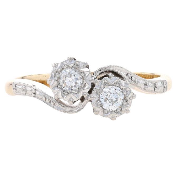 Yellow Gold Diamond Vintage Two-Stone Bypass Ring 18k & Plat Mine .22ctw Engage en vente