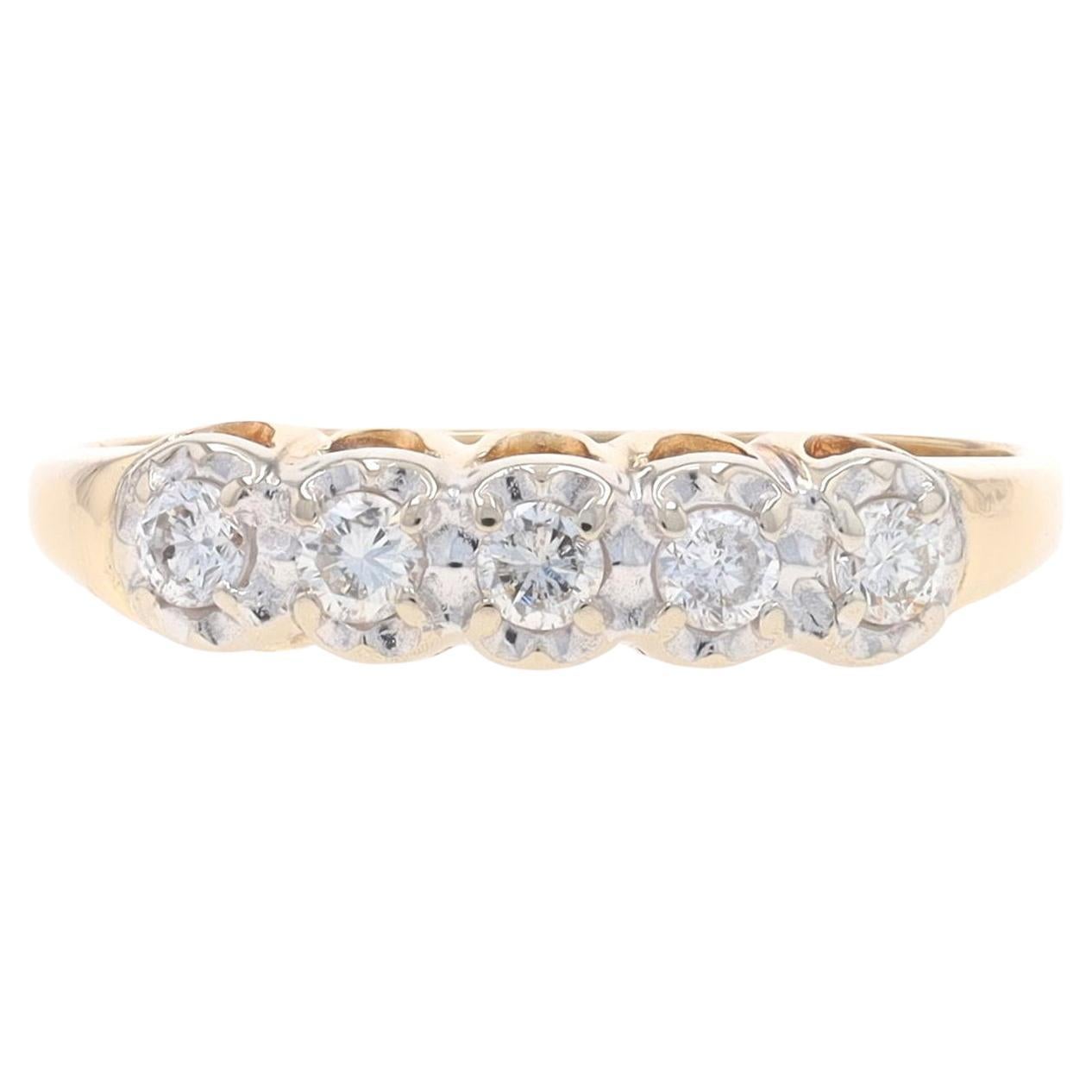 Yellow Gold Diamond Vintage Wedding Band - 14k Round .20ctw Five-Stone Ring