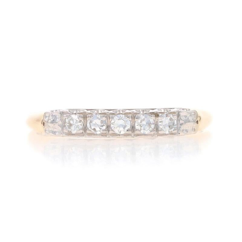 Size: 6 3/4
Sizing Fee: Up 3 sizes for $60 or Down 1 size for $40

Note: If resized, the ring will receive a new half shank.

Era: Vintage

Metal Content: 14k Yellow Gold & 14k White Gold

Stone Information

Natural Diamonds
Carat(s): .15ctw
Cut: