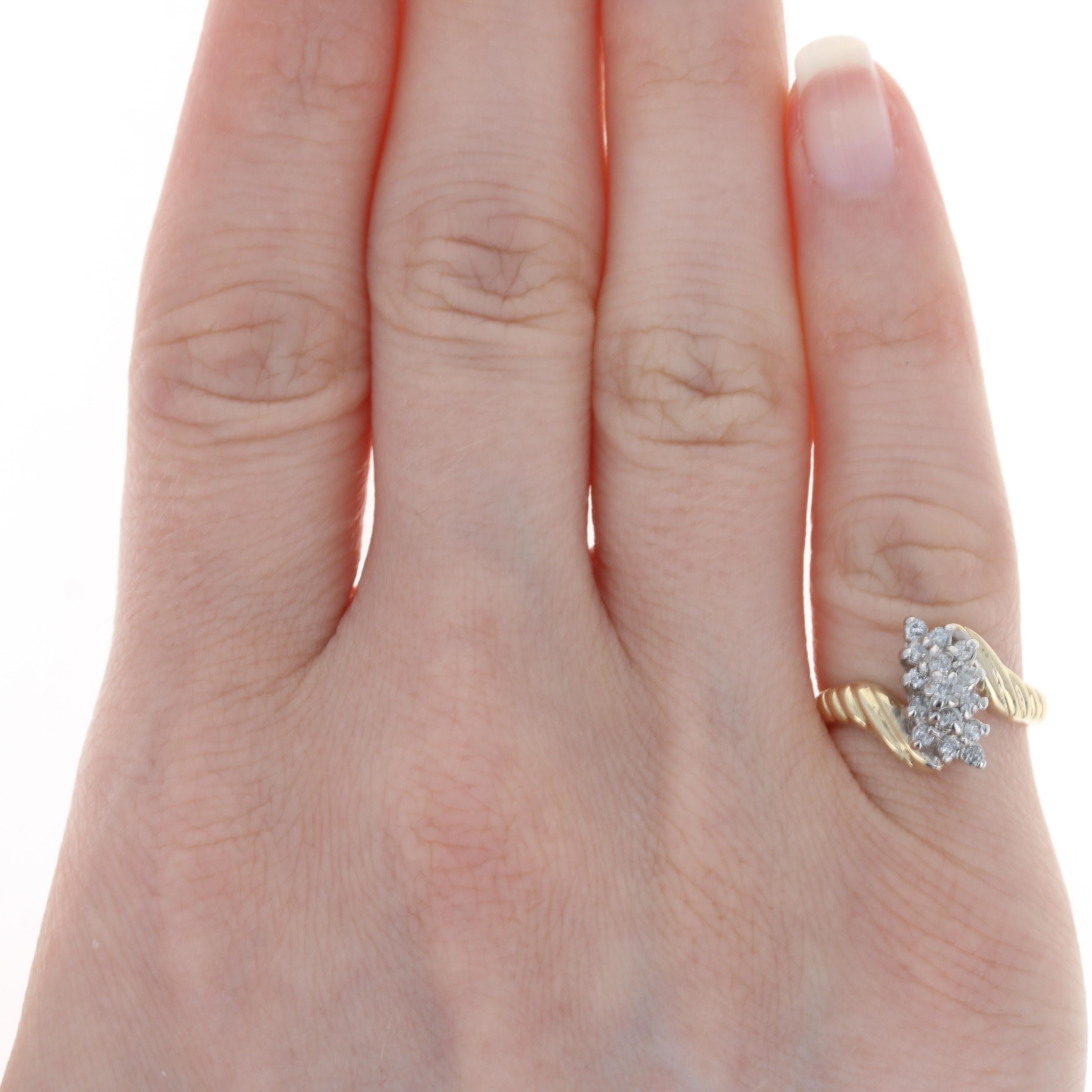 Yellow Gold Diamond Waterfall Cluster Bypass Ring, 10k Round Cut .25ctw Ribbed 2
