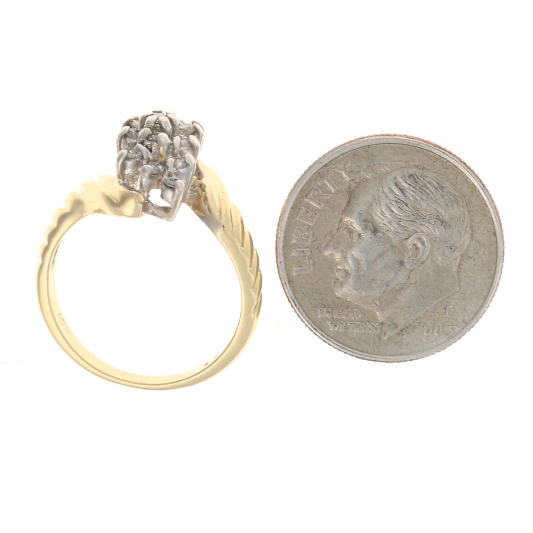 Yellow Gold Diamond Waterfall Cluster Bypass Ring, 10k Round Cut .25ctw Ribbed 5