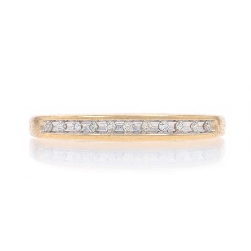 Size: 7
Sizing Fee: Up 2 sizes for $40 or Down 1 size for $40

Metal Content: 10k Yellow Gold & 10k White Gold

Stone Information

Natural Diamonds
Carat(s): .05ctw
Cut: Single
Color: H - I
Clarity: VS2 - SI1

Measurements

Face Height (north to