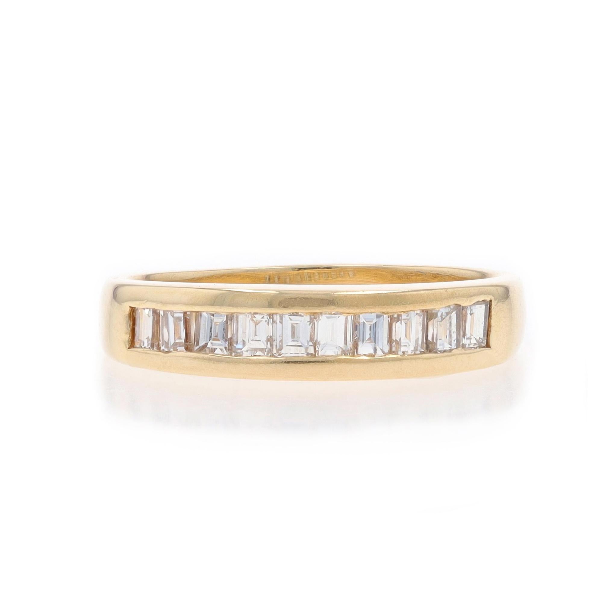 Size: 5 1/2
Sizing Fee: Up 1/2 a size for $30 or Down 1/2 a size for $30

Metal Content: 14k Yellow Gold

Stone Information

Natural Diamonds
Carat(s): .20ctw
Cut: Baguette
Color: G - H
Clarity: VS1 - VS2

Total Carats: .20ctw

Style: Wedding Band