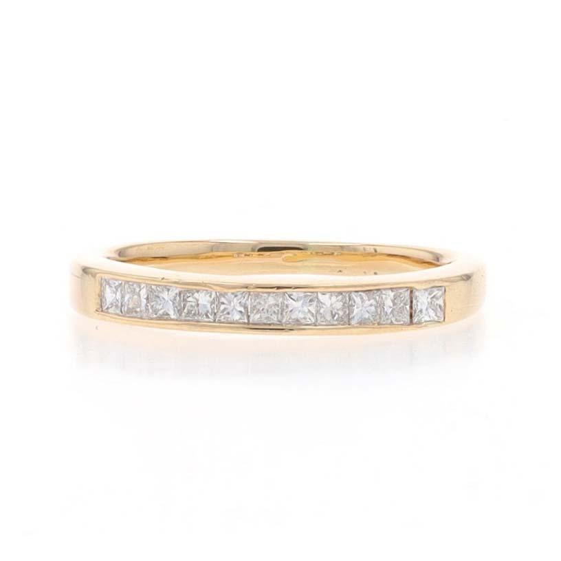 Size: 5 1/2

Metal Content: 14k Yellow Gold & 14k White Gold

Stone Information

Natural Diamonds
Carat(s): .50ctw
Cut: Princess
Color: G - H
Clarity: VS1 - VS2

Total Carats: .50ctw

Style: Wedding Band with Diamonds
Features: Channel Set