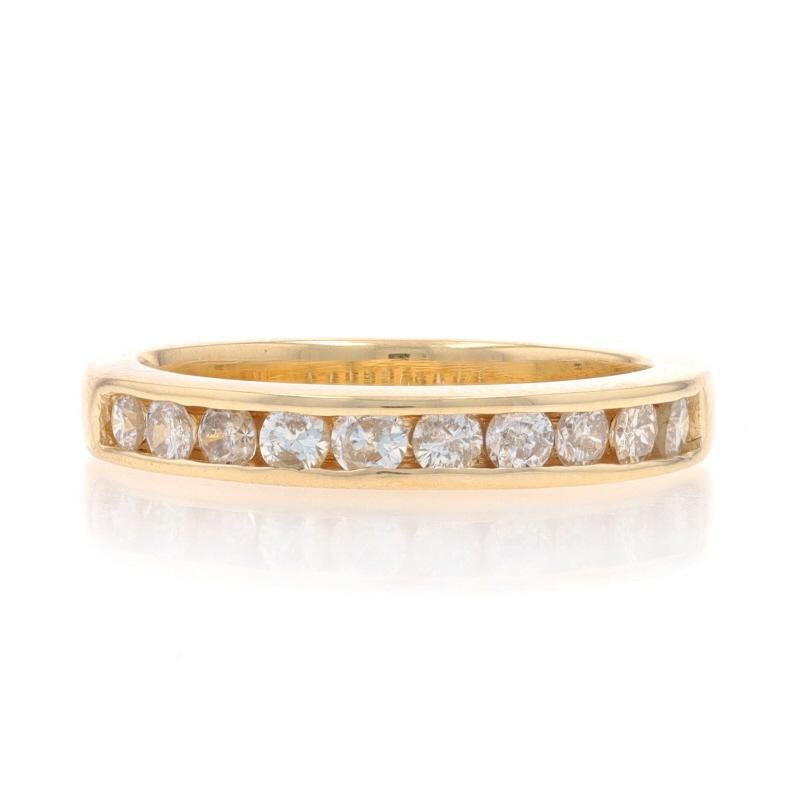 Size: 6 3/4
Sizing Fee: Up 1 size for $40 or Down 1 size for $40

Metal Content: 14k Yellow Gold

Stone Information

Natural Diamonds
Carat(s): .60ctw
Cut: Round Brilliant
Color: I - J
Clarity: I1 - I2

Total Carats: .60ctw

Style: Wedding Band with